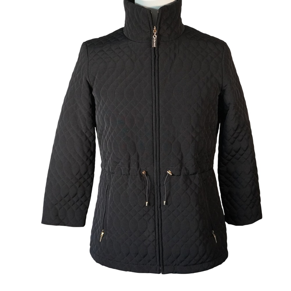 Ellen Tracy Quilted Funnel Neck Drawstring Waist Zip Up Jacket Black M/M